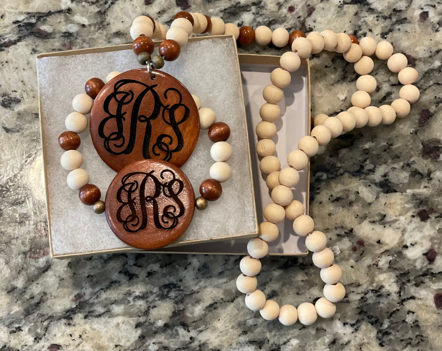 Engraved Wooden Bead Necklace and Bracelet Set