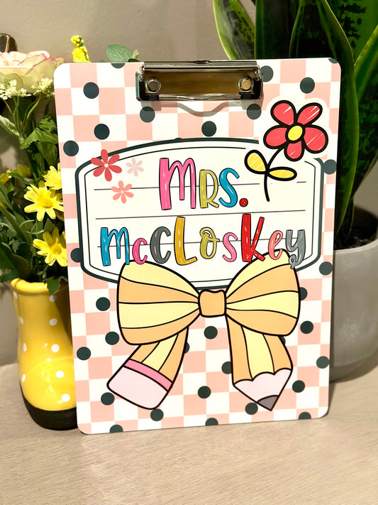 Personalized Teacher Clipboard – Floral Bow Design