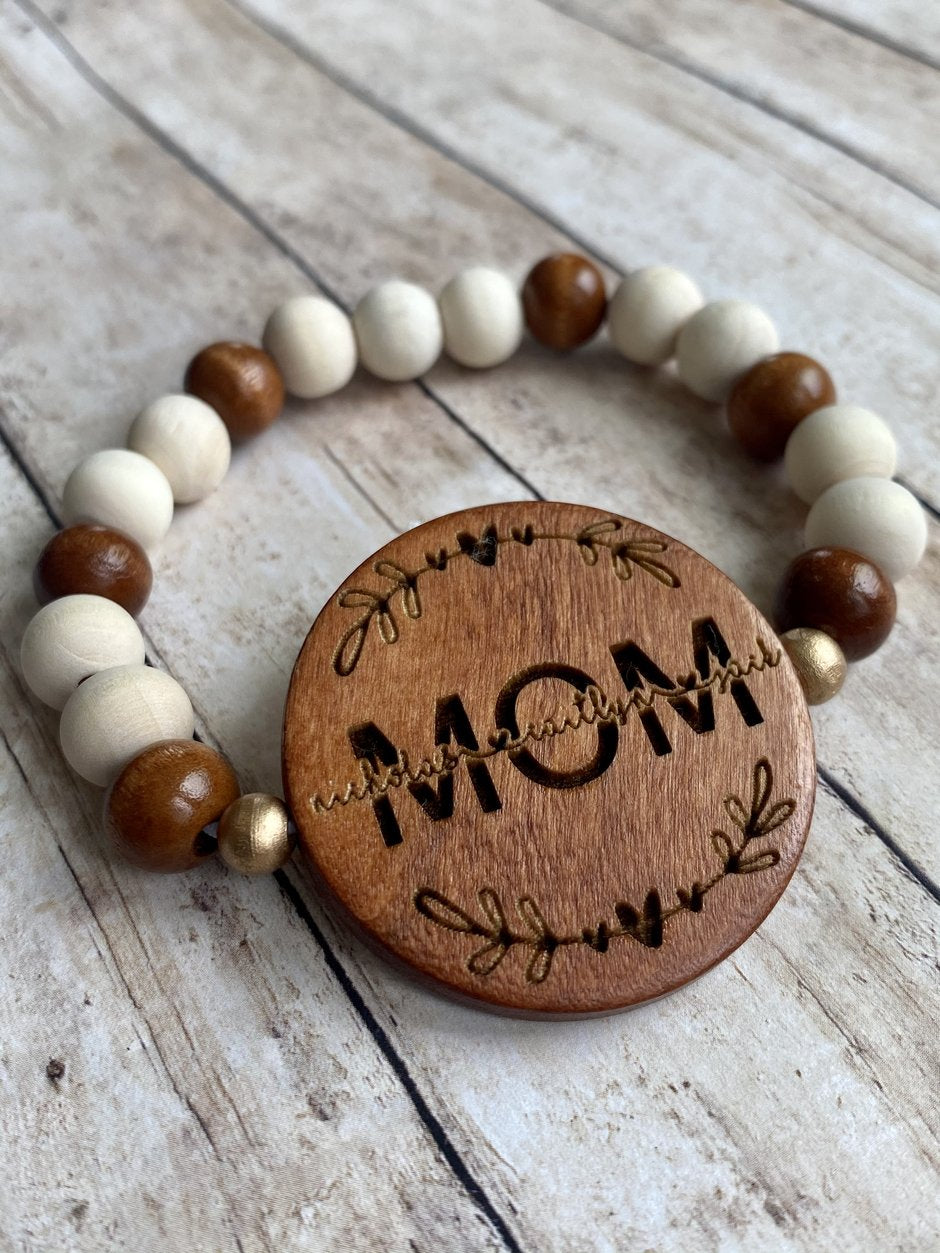 Engraved Wooden Bead Necklace and Bracelet Set